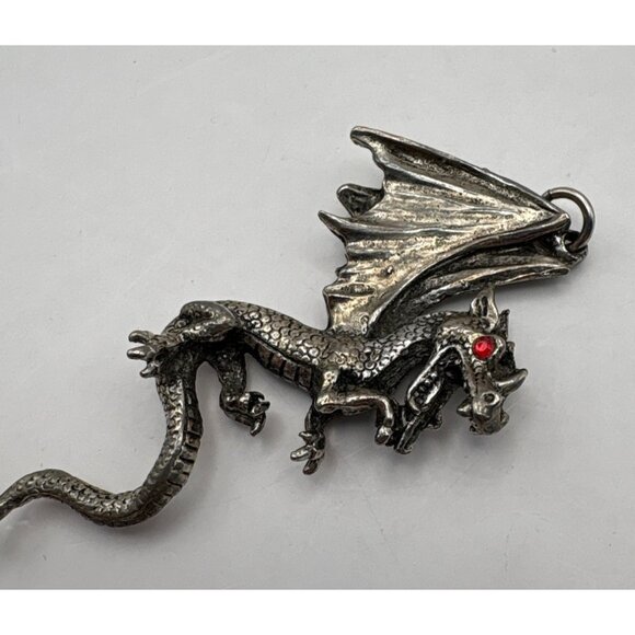 Silver Tone Large Dragon Pendant Charm Red Rhinestone Eye Mystical Fantasy - Picture 4 of 7